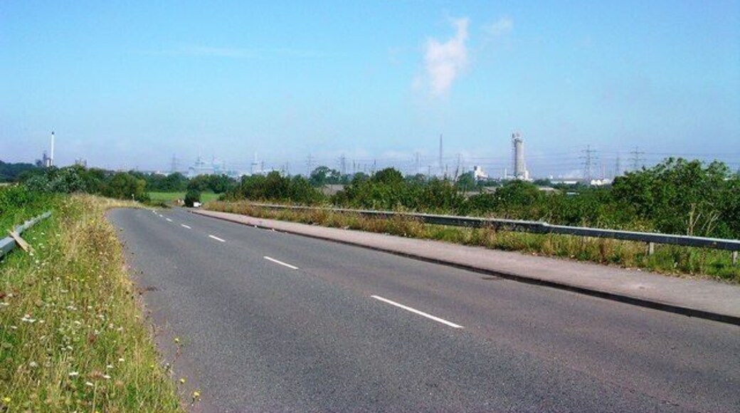 View NW to Industrial Sites by the Severn Photo taken from motorway bridge facing NW along the minor road leading to a series of industrial sites - from left to right Philblack works, Seabank gasworks and Severnside works