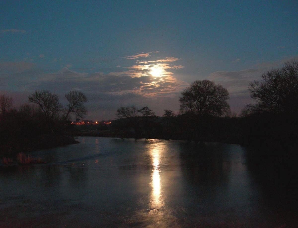 A river reflecting the moonlight with trees on the banks.