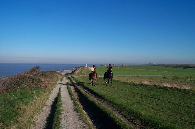 A coastal path with horses and riders, a clear sky, and the ocean in the distance.
