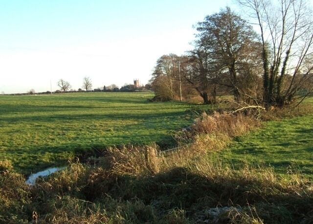 Gamesley Brook Looking down the brook course towards Seighford village and church.