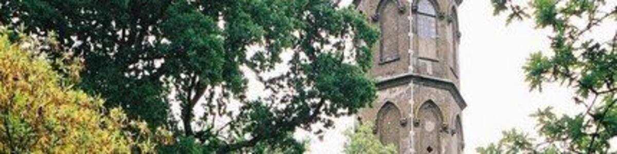 Ein Turm, umgeben von üppigem Grün und blühenden Pflanzen.