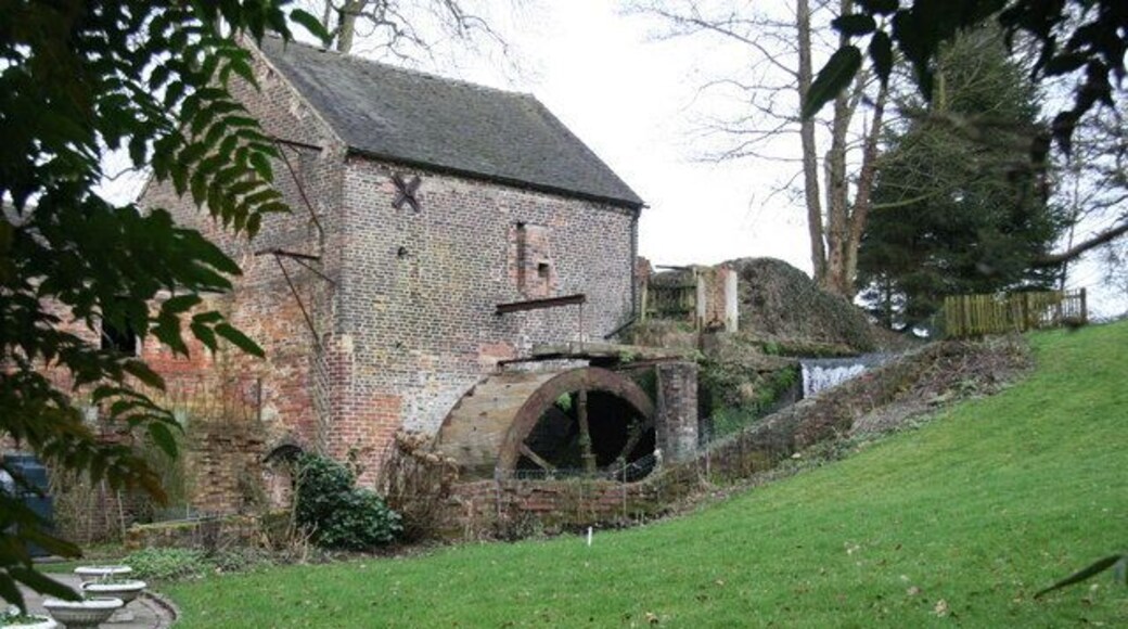 Top or Splashy Mill, Moddershall Flint grinding mill. open on annual mills open day. In garden of modern house. The weir is just visible.