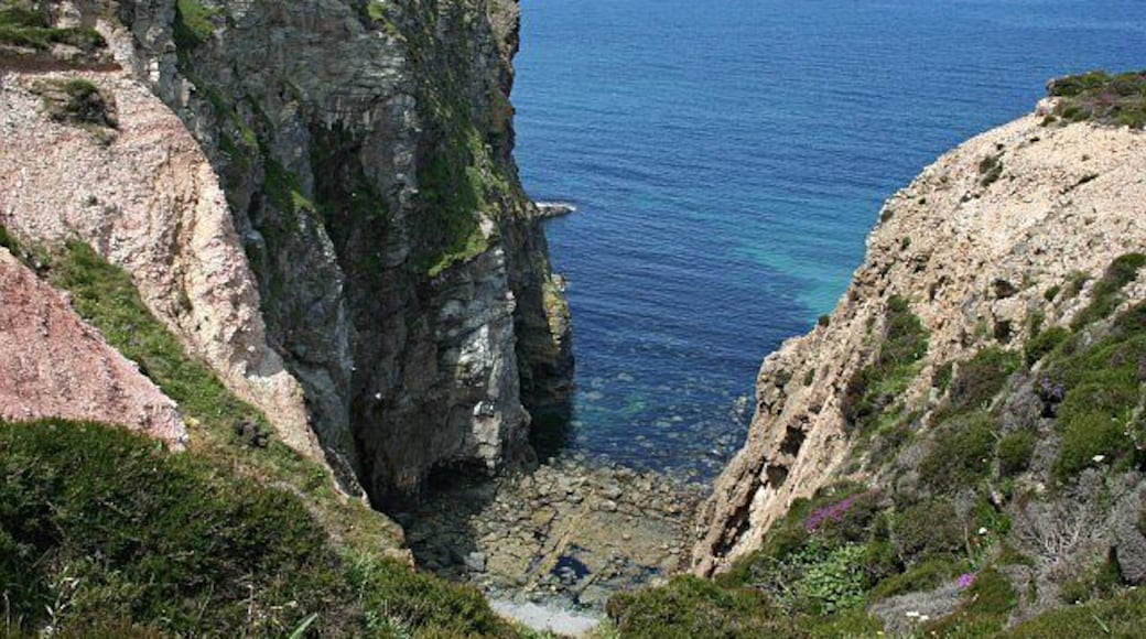 Precipitous Inlet, Porthowan, Cornwall, . This sort of inlet is often naturally eroded by the sea following a zone of weakness in the rock caused by a fault or a mineral vein. The map does not give this one a name. In the local dialect this sort of feature is known as a 'zawn'.
