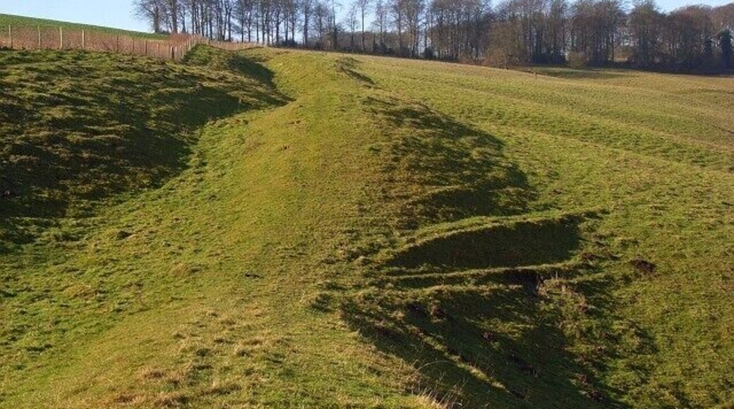 Maccoombe Down Looking west along one of the many ancient earthworks that are in evidence on the downs to the south and west of Tidcombe.
