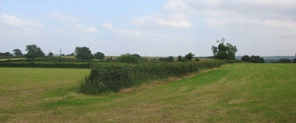 Farmland off Monger Lane A view looking to the southeast across farmland off Monger Lane. The public footpath to Greenhill passes to the left of the hedge at the centre of the image.