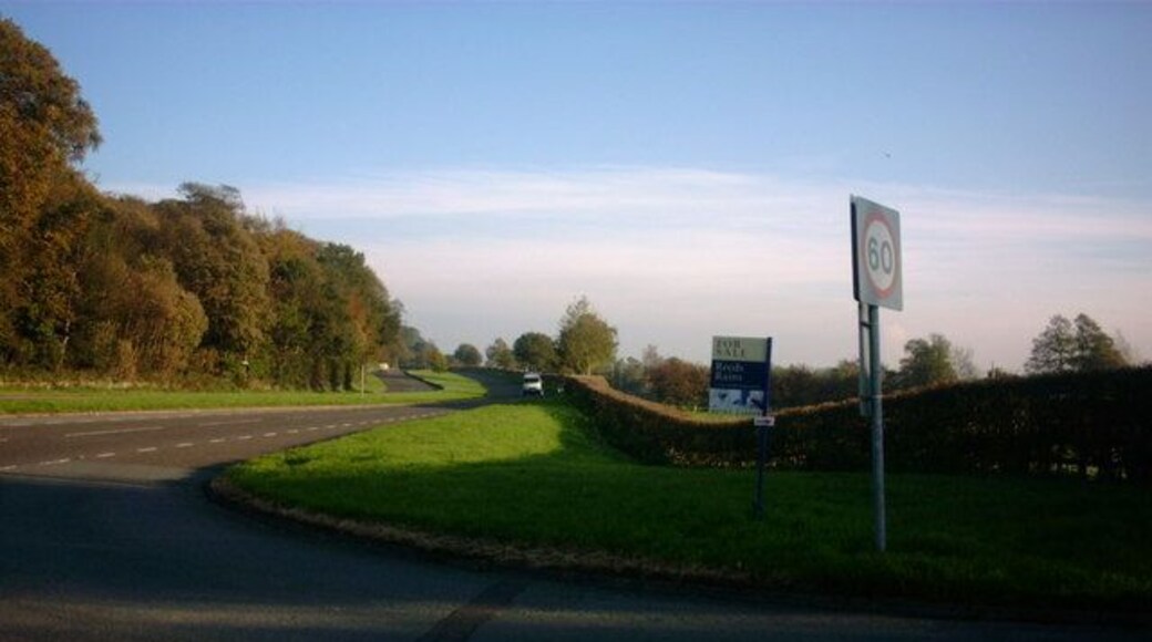 The London Road This view is from a country lane to the tiny village of Salt onto the A51 looking towards Weston. The A51 is also known as the London Road, running from Chester and onwards to London. On the left behind the trees is the Sandon Estate.