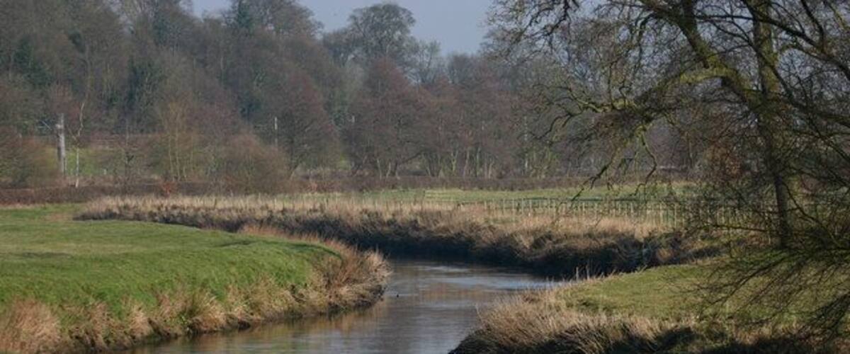 A calm river meandering through a grassy landscape with trees and a fence in the background.