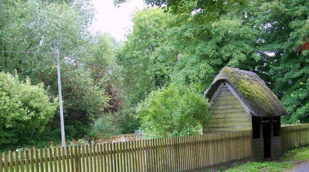 Thatched bus shelter, Boyton The bus shelter is near the Ginger Piggery.