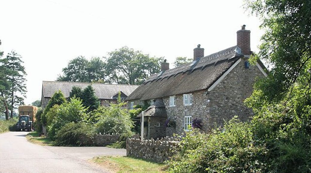 Upottery: Lambpark Farmhouse. A datestone by the porch, partially obscured by thatch, indicates that this building was erected in 1795 or 1796. All the buildings here are now residential: the farming function has ceased