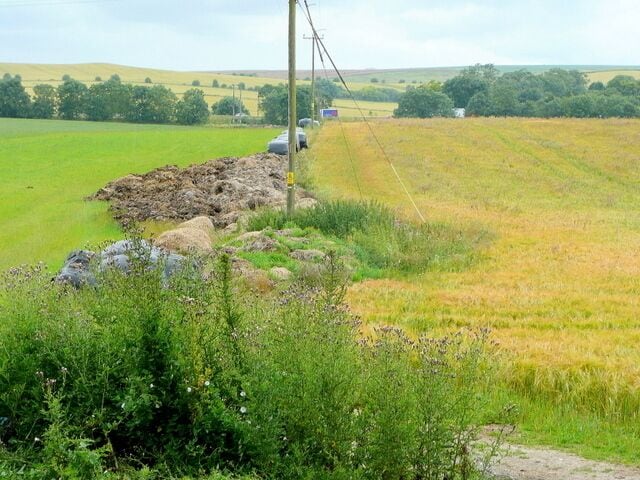 A rural landscape with a field, a mound of earth, and a utility pole.