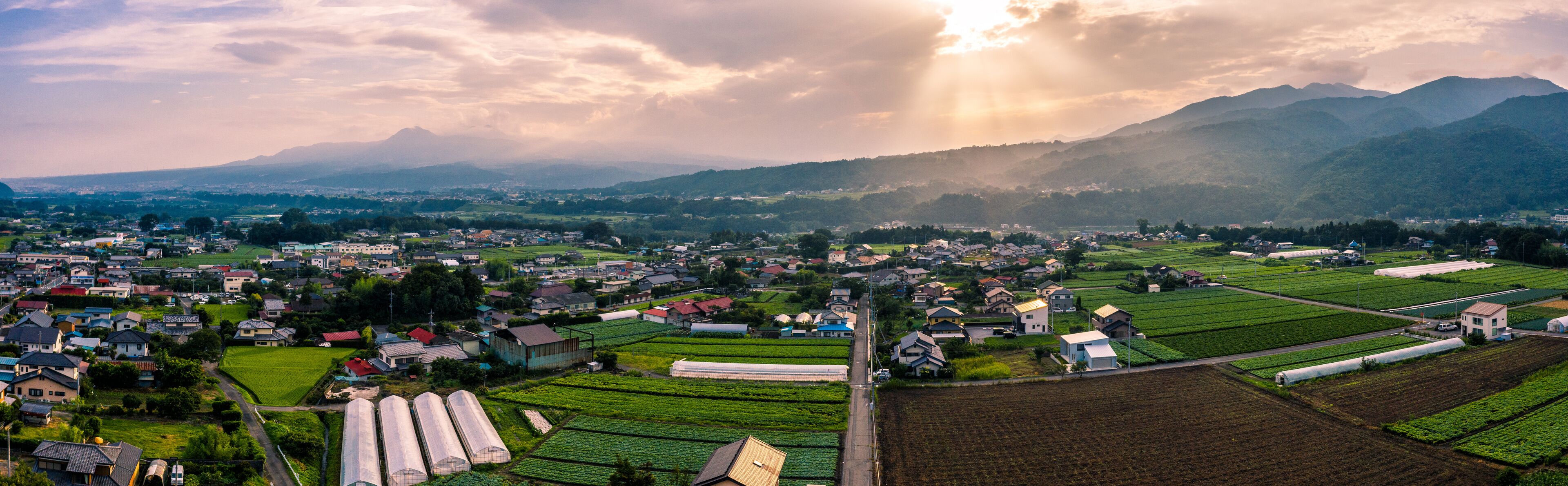 A rural landscape with fields, houses, and mountains in the background.