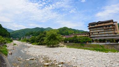 A river with rocks, a tree, and buildings in a mountainous area.