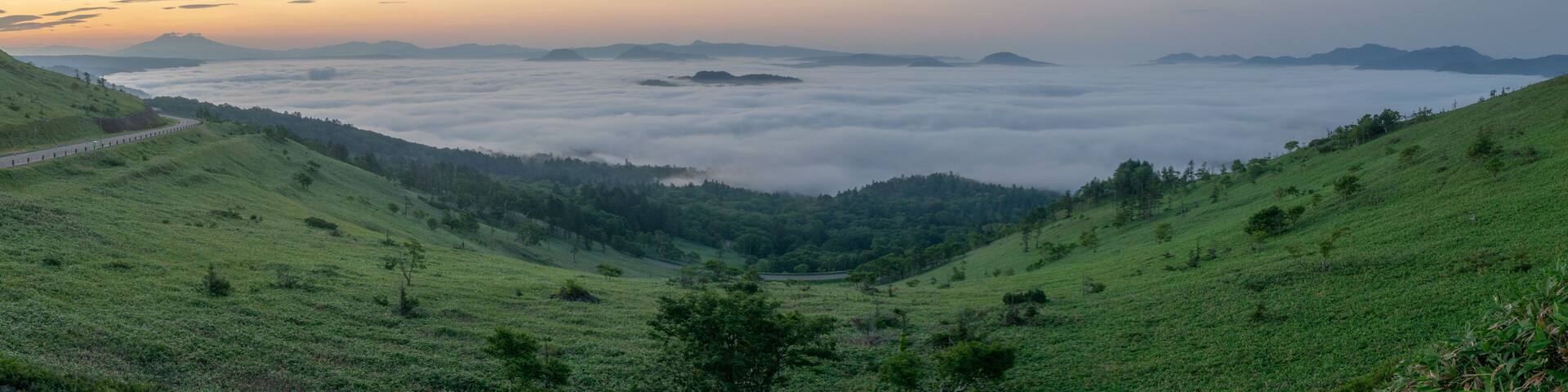 View from the Bihoro pass, Lake Kussharo in clouds, Akan Mashu national park, Hokkaido, Japan