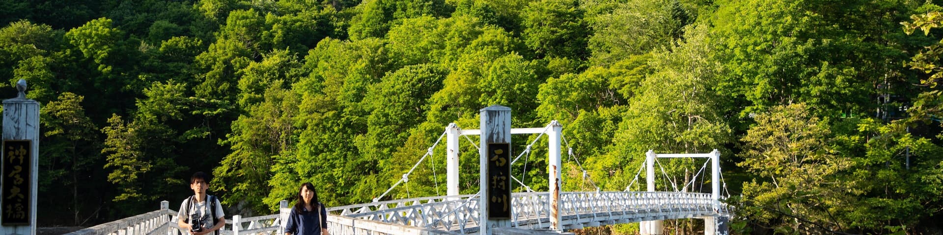 A wooden pedestrian bridge over a river, surrounded by dense green forest.
