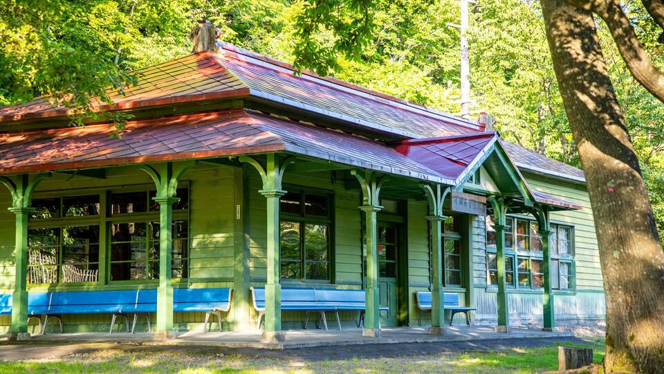 A green building with a red roof, blue benches, and a tree in the foreground.