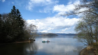 Um lago tranquilo com duas pessoas em um canoa, cercado por árvores e montanhas ao longe.