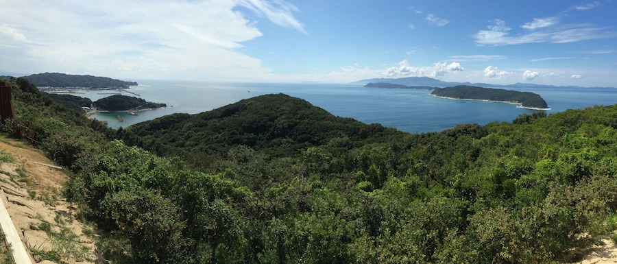 A coastal landscape with dense green hills, a clear blue sea, and distant islands.