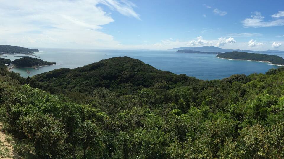 A coastal landscape with dense green hills, a clear blue sea, and distant islands.
