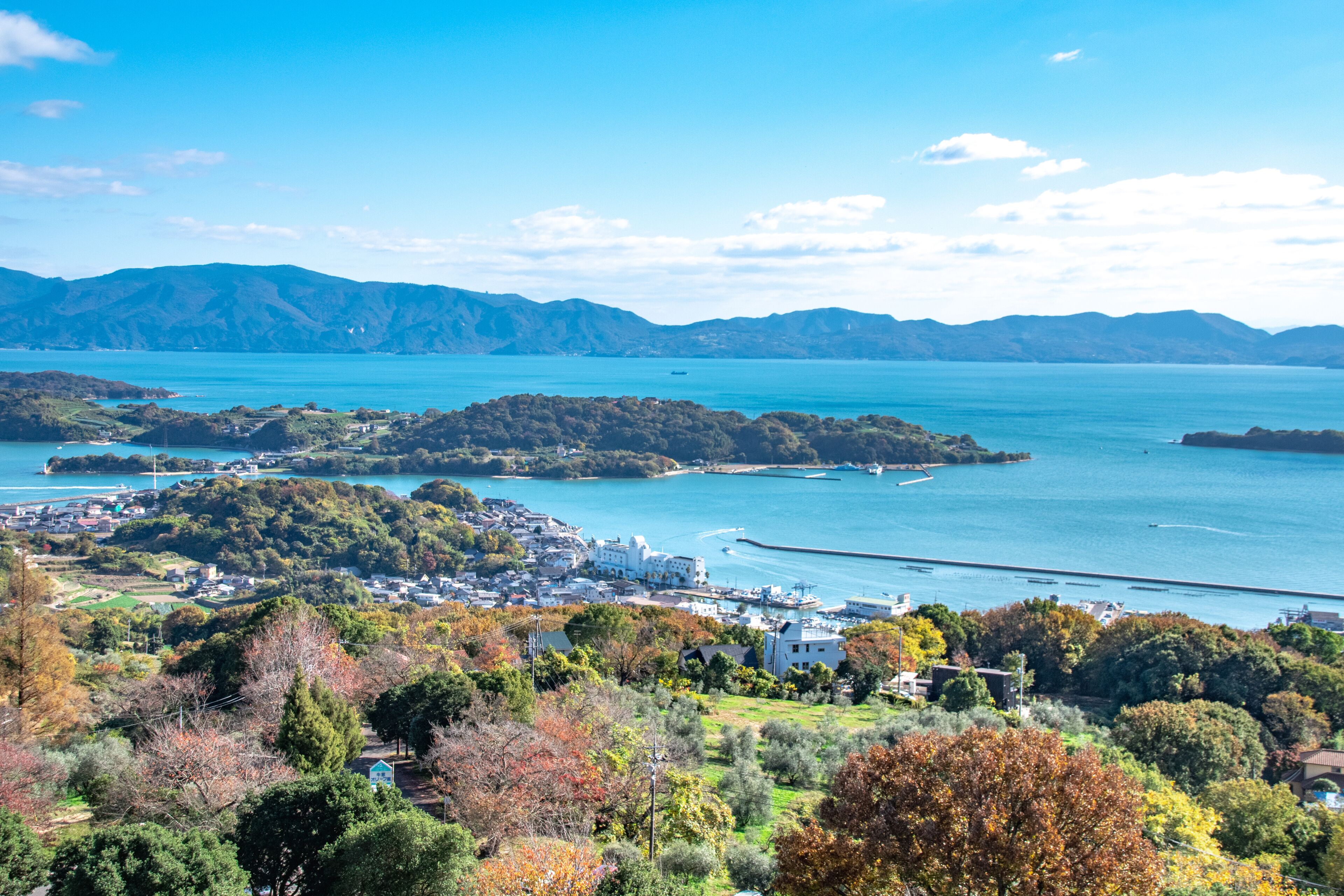 瀬戸内海の美しい景色とオリーブ畑・岡山県瀬戸内市牛窓町　Beautiful view of Setonaikai, Inland Sea of Japan, and an olive grove in Ushimado town, Setouchi city, Okayama pref. Japan.