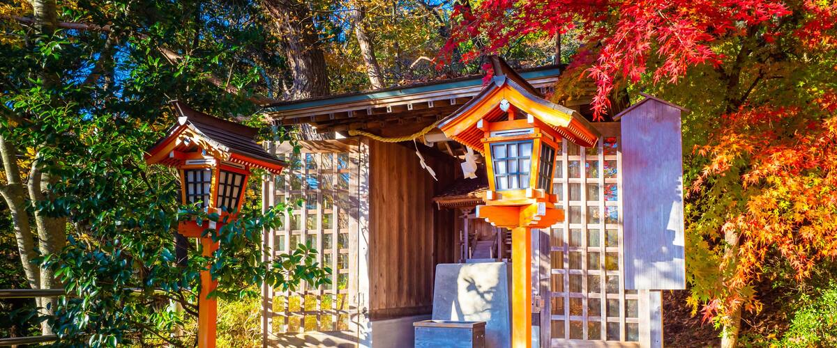 A traditional Japanese shrine with wooden structures and red maple leaves.