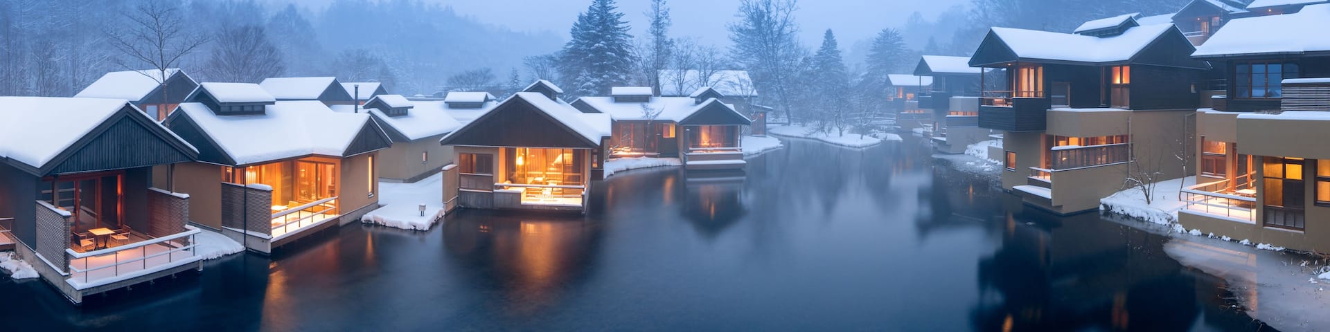 A winter scene with snow-covered houses by a calm lake, surrounded by trees.