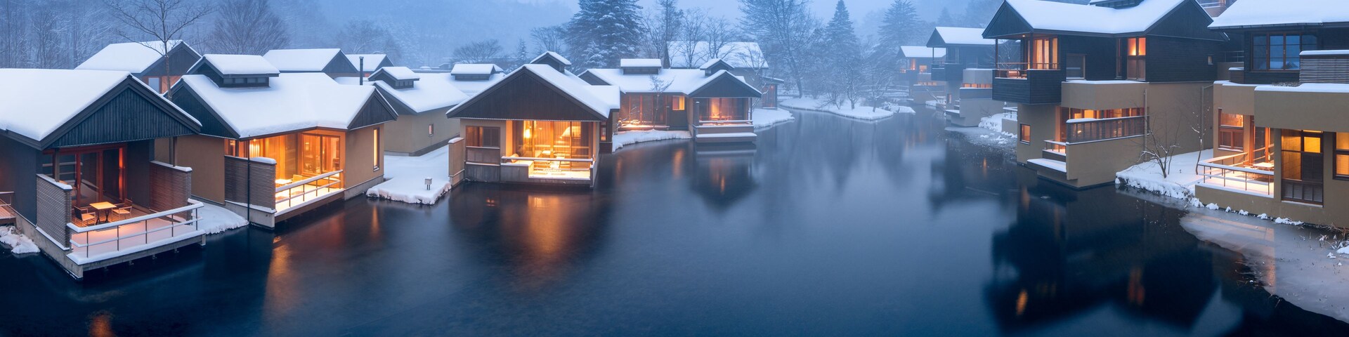 Cena de inverno com casas cobertas de neve à beira de um lago calmo, rodeadas por árvores.