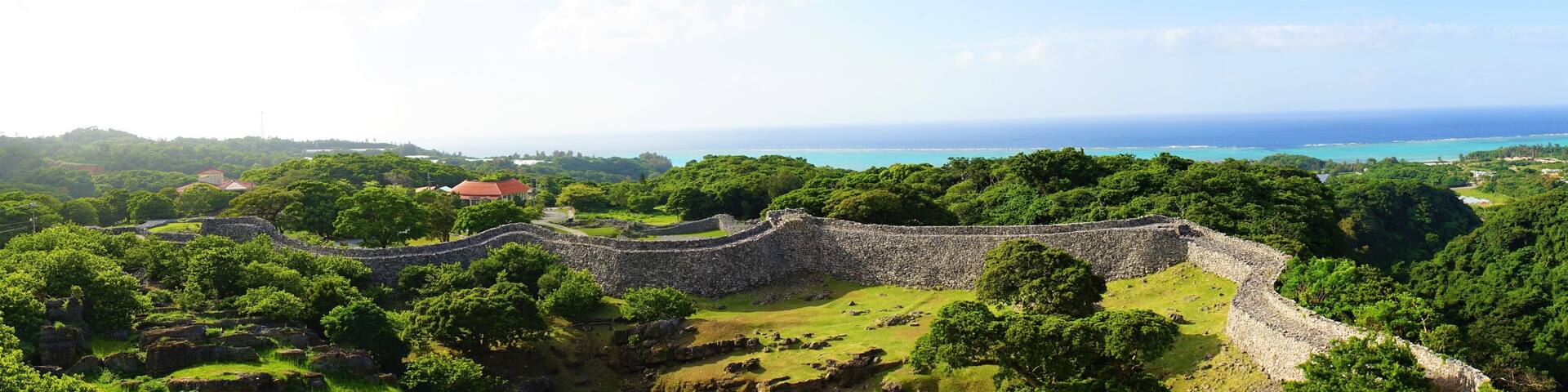 Aerial view of Nakijinjo castle ruins and the stone wall in Okinawa. Japan, panoramic view - 日本 沖縄 今帰仁城跡 城壁 パノラマ