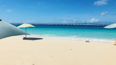 Une plage de sable blanc bordée d’une eau turquoise, deux parasols et un pont en arrière-plan.