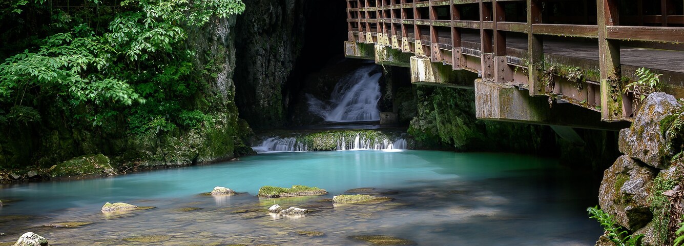 Un puente de madera sobre un arroyo cristalino con rocas cubiertas de musgo y una cascada al fondo.