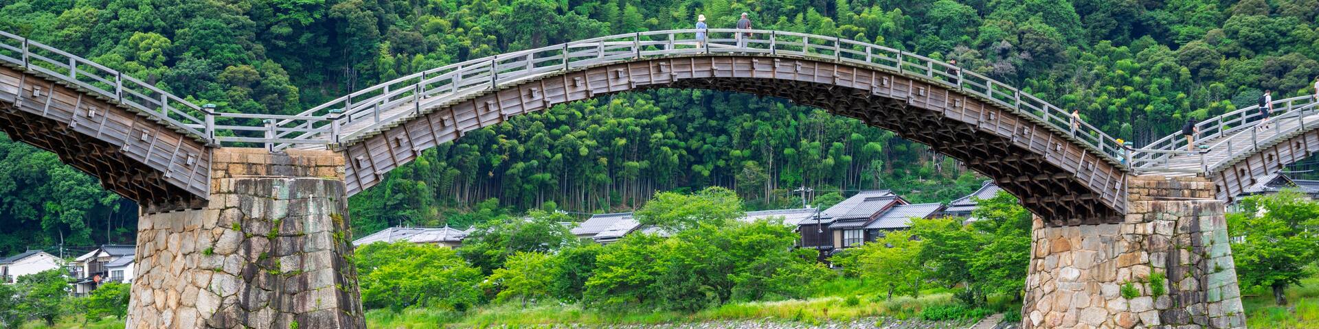 The most famous Tradition wooden bridge of Kintaikyo Bridge on the Nishiki River in Iwakuni City, Yamaguchi, Japan