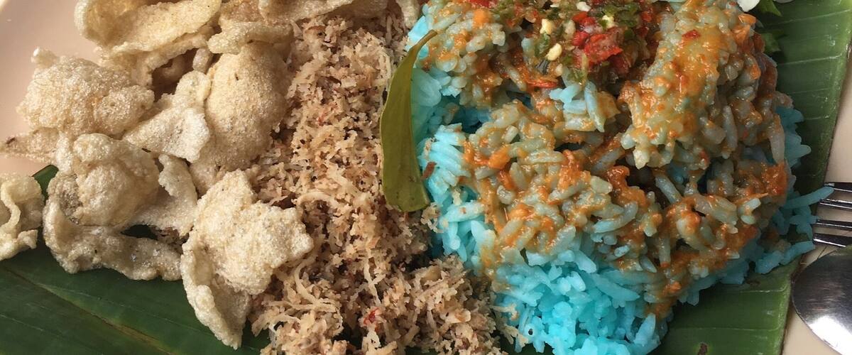 A plate with blue rice, fried chicken, and a side salad.