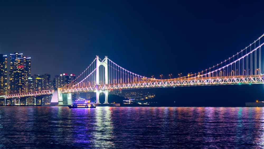 Gwangan Bridge and skyscrapers in the night. Busan, South Korea