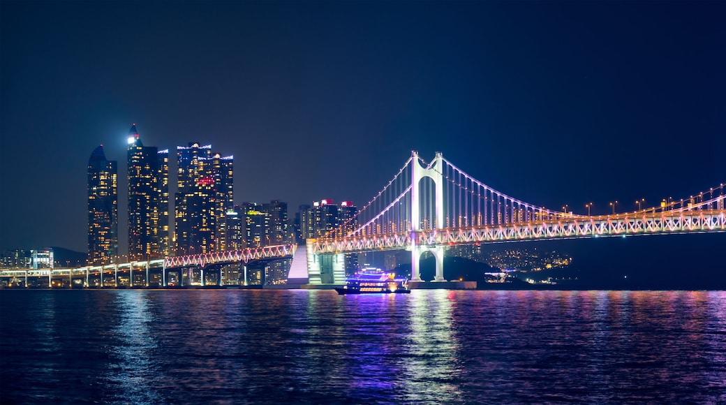 Gwangan Bridge and skyscrapers in the night. Busan, South Korea