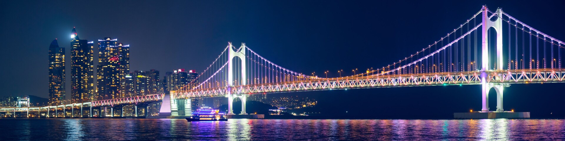 Gwangan Bridge and skyscrapers in the night. Busan, South Korea