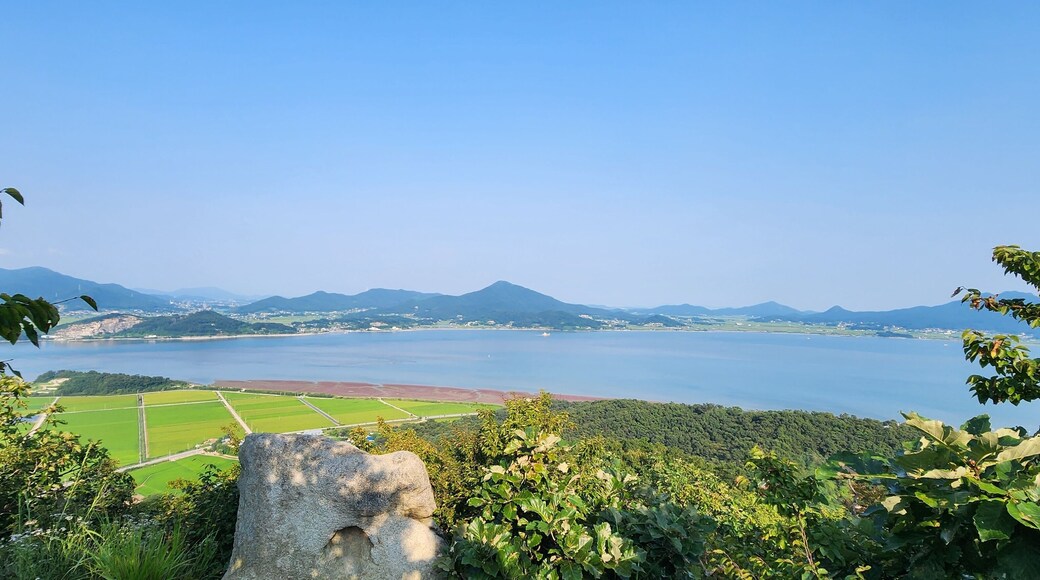the top of Haemyungsan Mountain in Korea in sunny weather. hiking in korea. mountains Korea Seoul. View from the top of the mountain to the sea. island in Korea. Seokmodo Island Korea