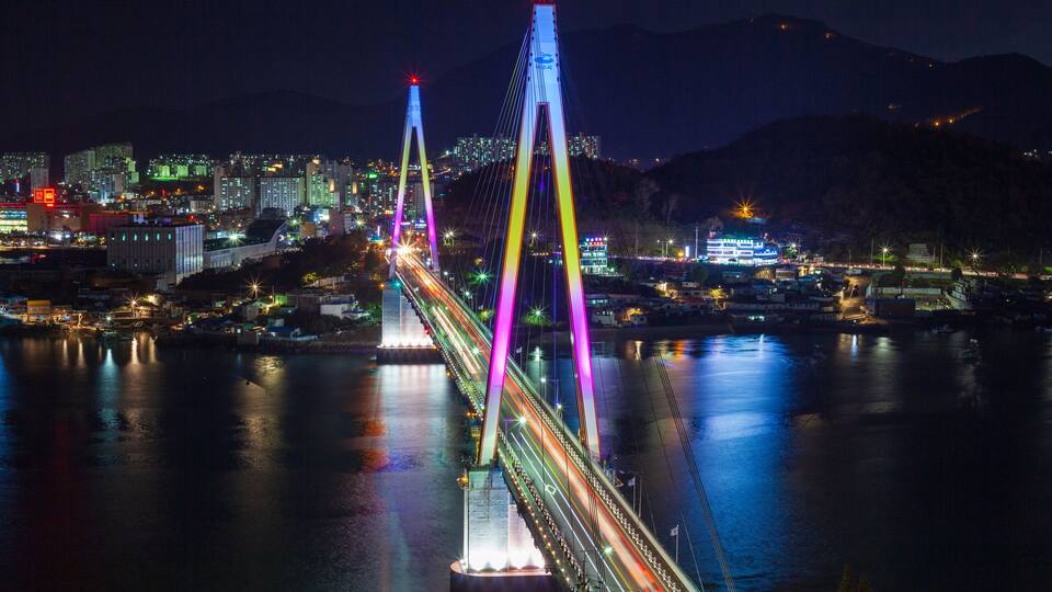 Night view of Yeosu Port and Dolsan Bridge from Dolsan Park in Yeosu, South Jeolla Province.