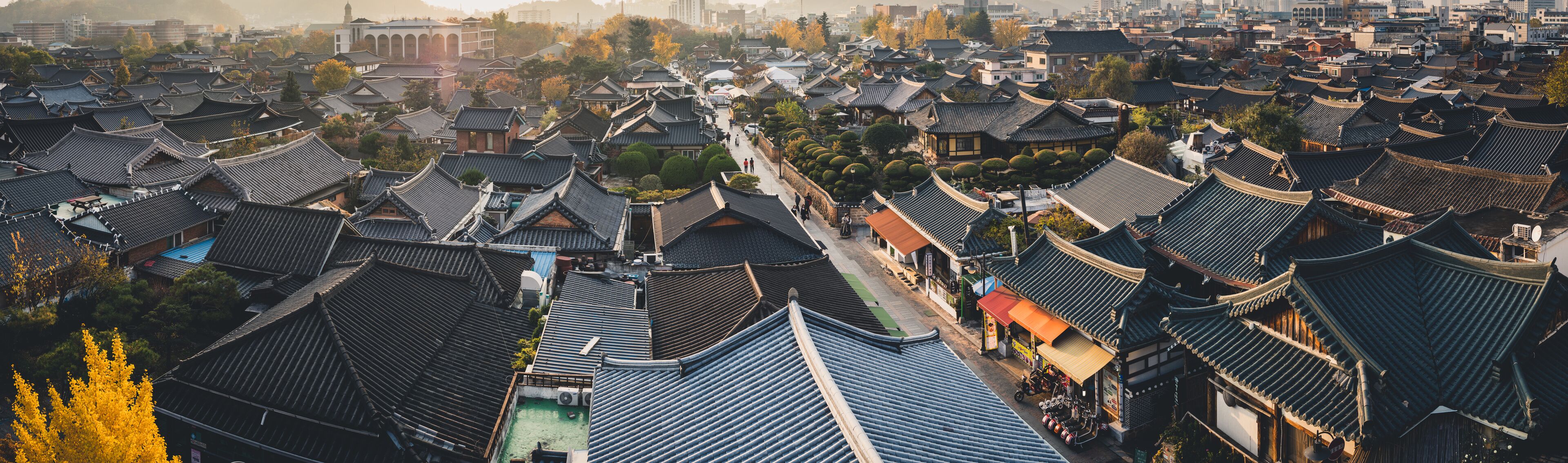 A traditional village with numerous buildings featuring dark, curved roofs.
