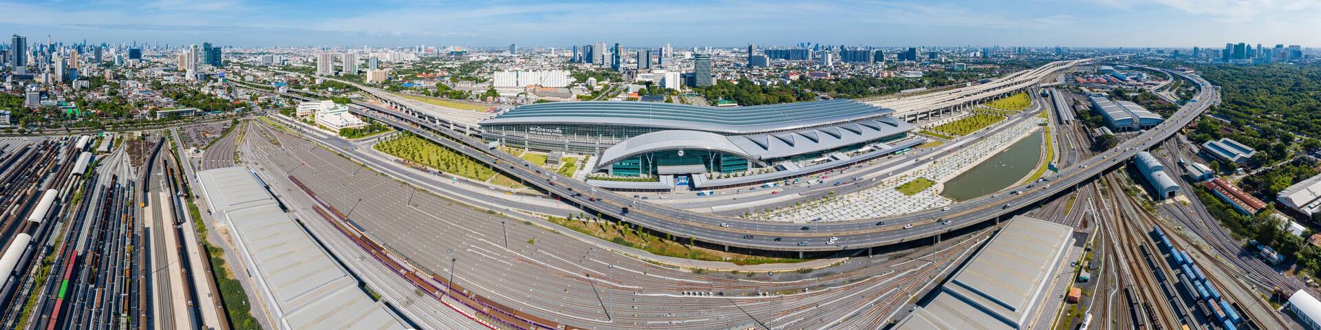 Aerial view of Bang Sue Grand Station Bangkok Thailand. Expressway, Trains and high-speed trains And Road traffic an important infrastructure.
