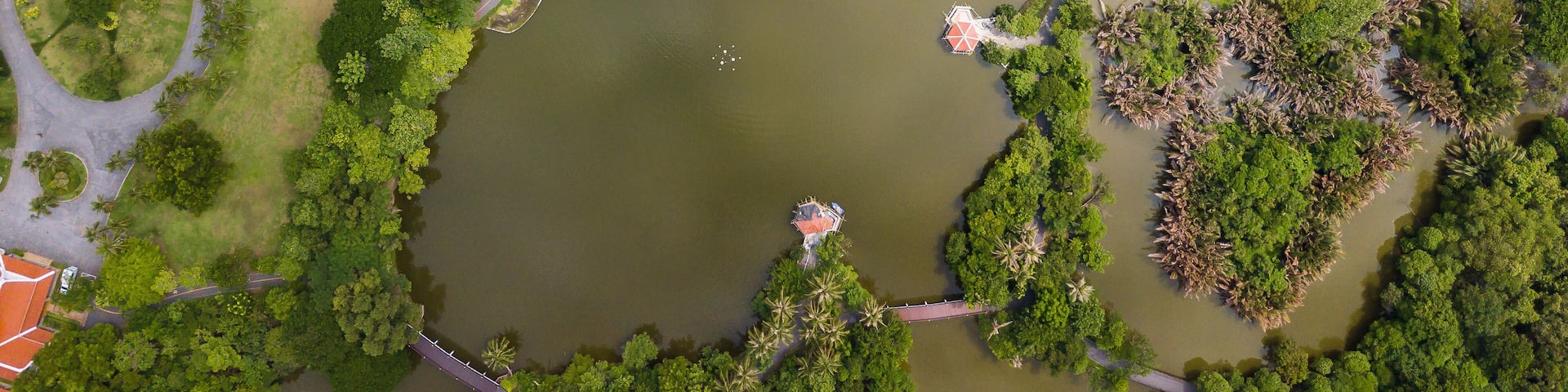 Aerial View of Sri Nakhon Khuean Khan Park and Botanical Garden is located in Bang Krachao, Phra Pradaeng, Samut Prakan Province Thailand