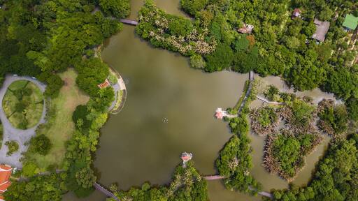 Aerial View of Sri Nakhon Khuean Khan Park and Botanical Garden is located in Bang Krachao, Phra Pradaeng, Samut Prakan Province Thailand