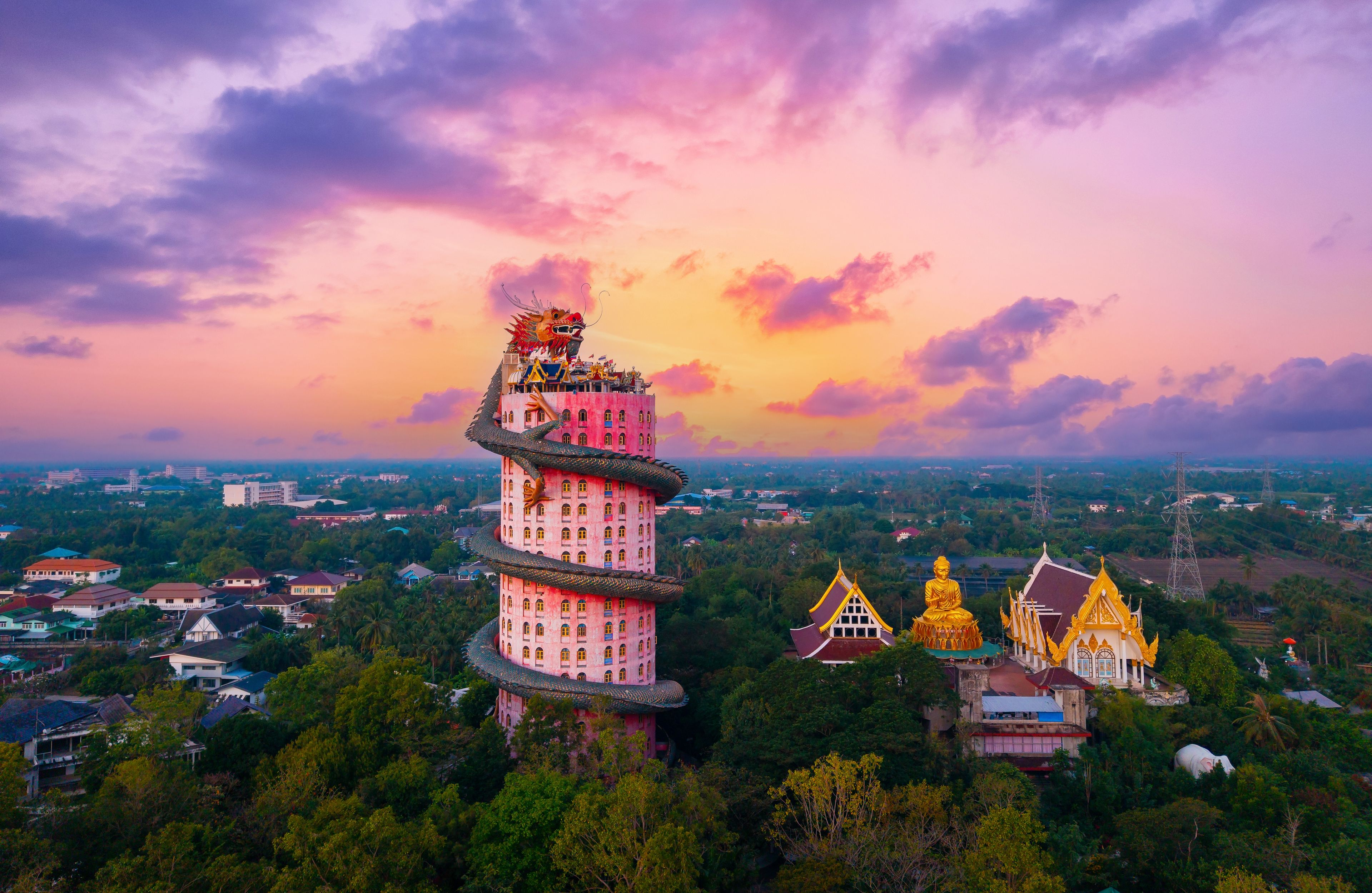 Aerial view of Wat Samphran Dragon Temple in Sam Phran District in Nakhon Pathom province near Bangkok, Thailand, sunset light