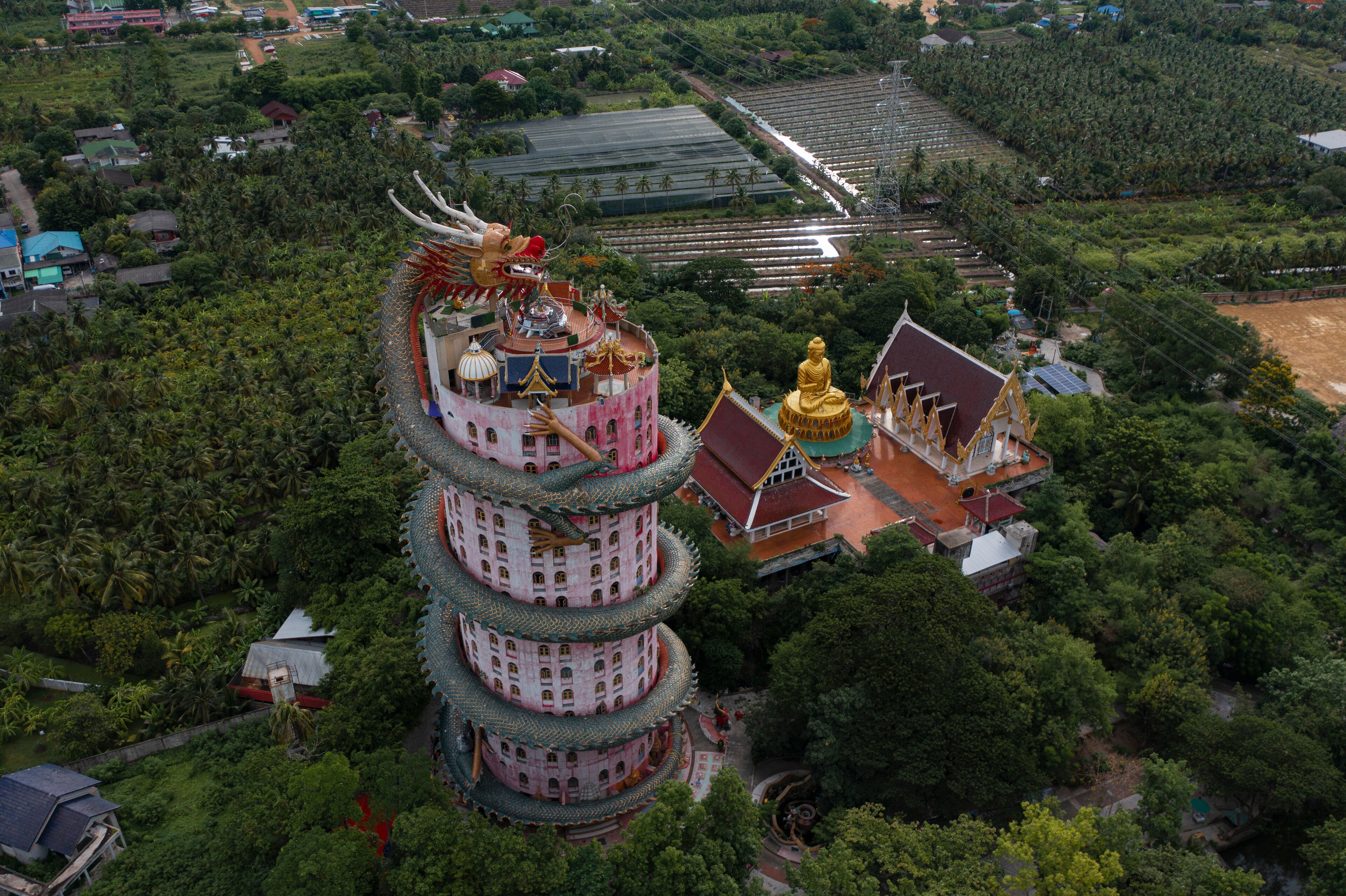 Aerial view of Wat Samphran Dragon Temple in the Sam Phran District in Nakhon Pathom province near Bangkok, Thailand.