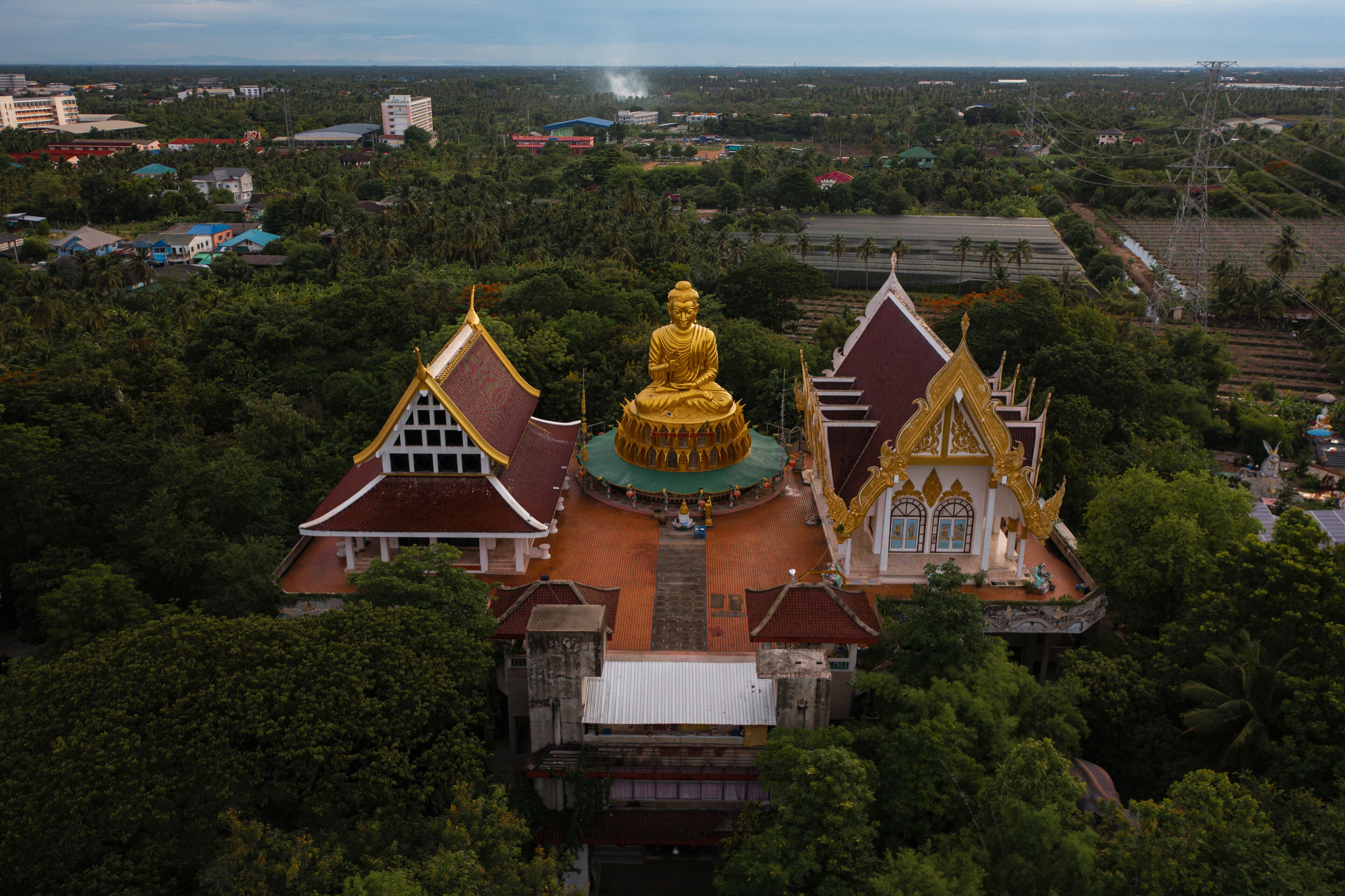 Aerial view of Wat Samphran Dragon Temple in the Sam Phran District in Nakhon Pathom province near Bangkok, Thailand.