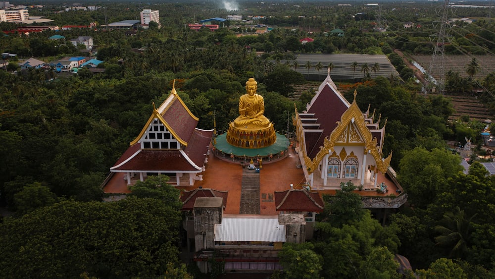 Aerial view of Wat Samphran Dragon Temple in the Sam Phran District in Nakhon Pathom province near Bangkok, Thailand.