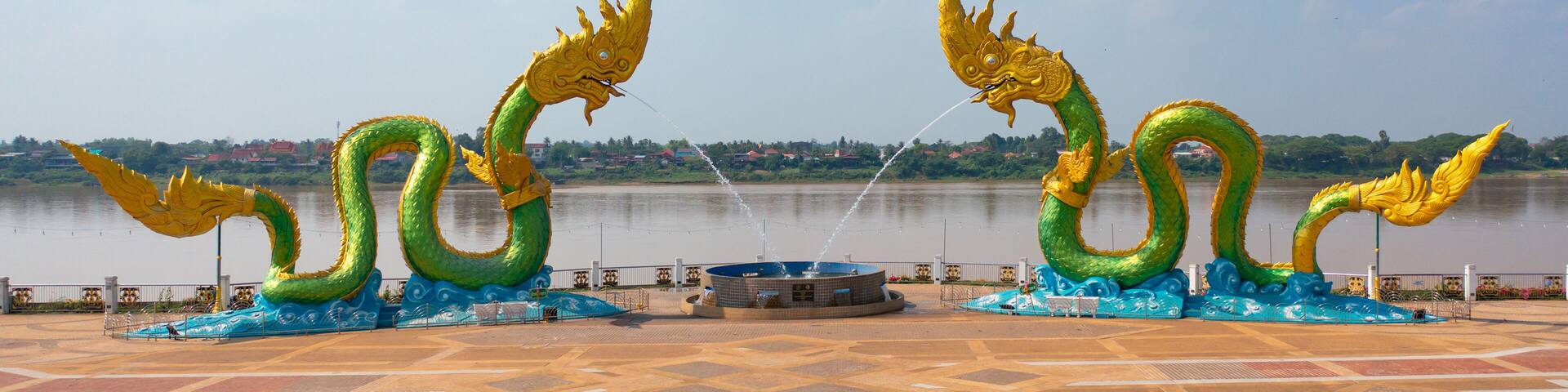 Serpants and snakes in Wat Roi Phra Putthabat Phu Manorom, Mukdahan City, Thailand. Thai buddhist temple architecture. Tourist attraction landmark.