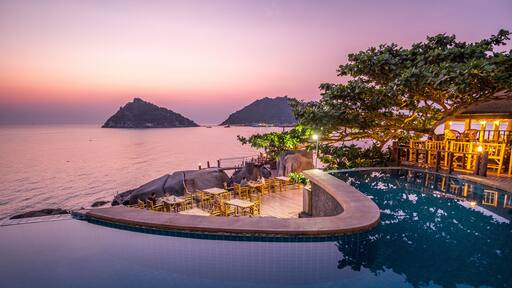 Exotic Romantic Sunset Pool Villa Resort Panoramic View Collide with Summer Pacific Tropical Ocean Koh Tao and Nang Yuan Thailand; Shutterstock ID 455144671; Purchase Order: -