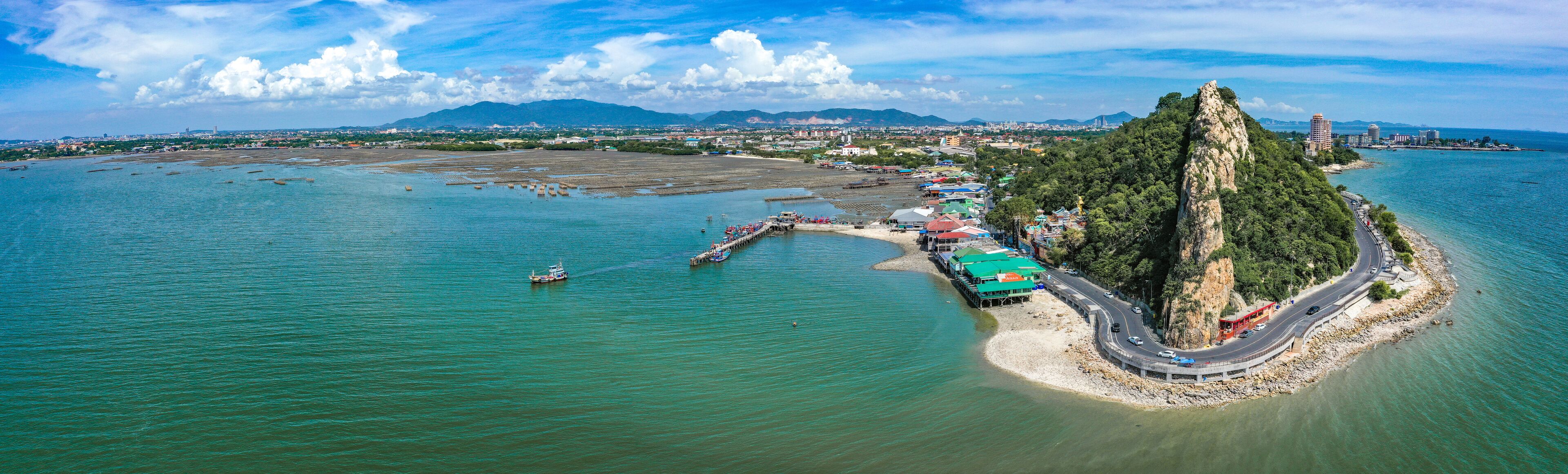 Aerial view of Bang Saen Kao Sam Muk hill viewpoint, near Pattaya, Chonburi, Thailand