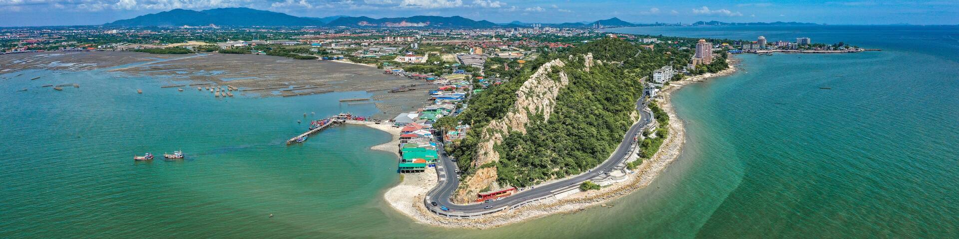 Aerial view of Bang Saen Kao Sam Muk hill viewpoint, near Pattaya, Chonburi, Thailand