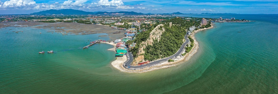 Aerial view of Bang Saen Kao Sam Muk hill viewpoint, near Pattaya, Chonburi, Thailand