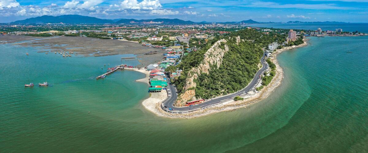 An aerial view of a coastal city with a winding road along the shore, a marina, and a densely populated urban area in the background.